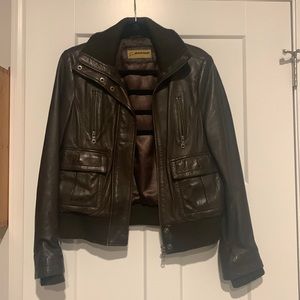 Dark brown leather bomber jacket
